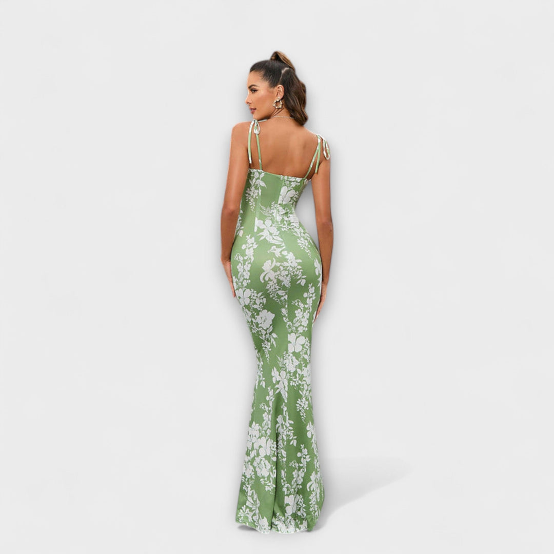 Thalia - Floral Print Prom Dress with Tied Shoulder Straps
