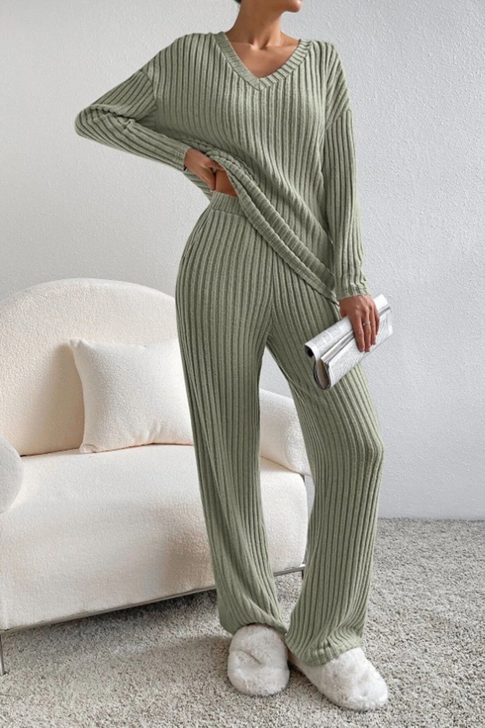 Sofia Ribbed V-Neck Top and Pants Set