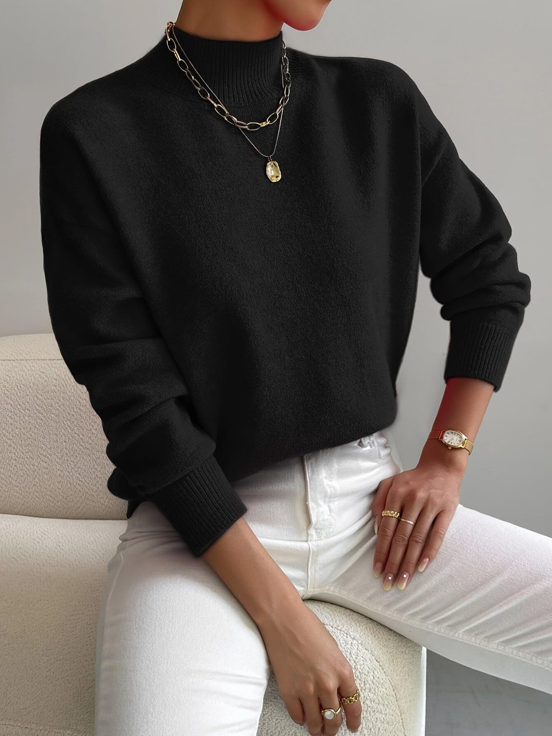 Women's High Collar Sweater – Relaxed Winter Knit Pullover