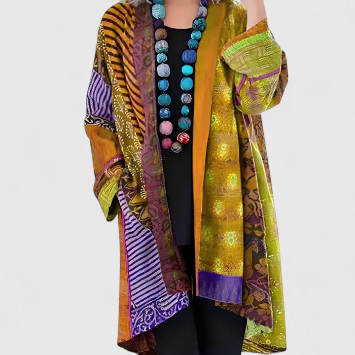 Women's Open Front Cardigan Long Sleeve Patchwork Print Draped Casual