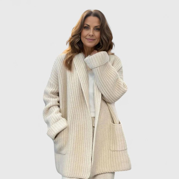 Women's Chunky Knit Cardigan Open Front Shawl Collar Pockets Long Sleeve