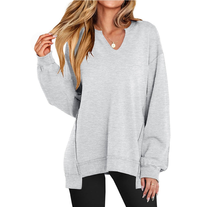 Women's Oversized V-Neck Tunic Sweatshirt Long Sleeve Side Slit Casual Pullover
