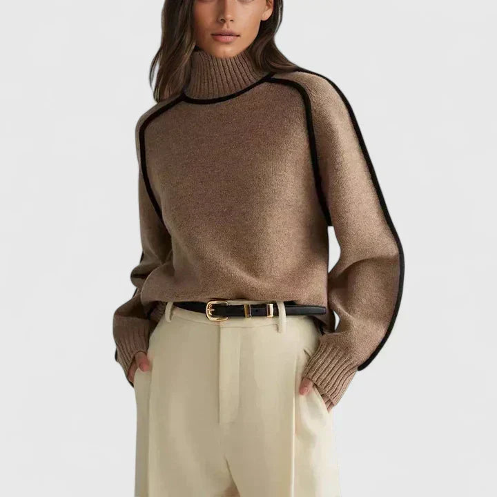 Elizandraa | Women's Batwing Turtleneck Sweater with Contrast Piping
