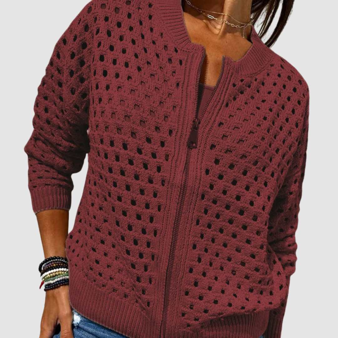 Women's Zip-Up Knit Cardigan Open Hole Long Sleeve Bomber Sweater
