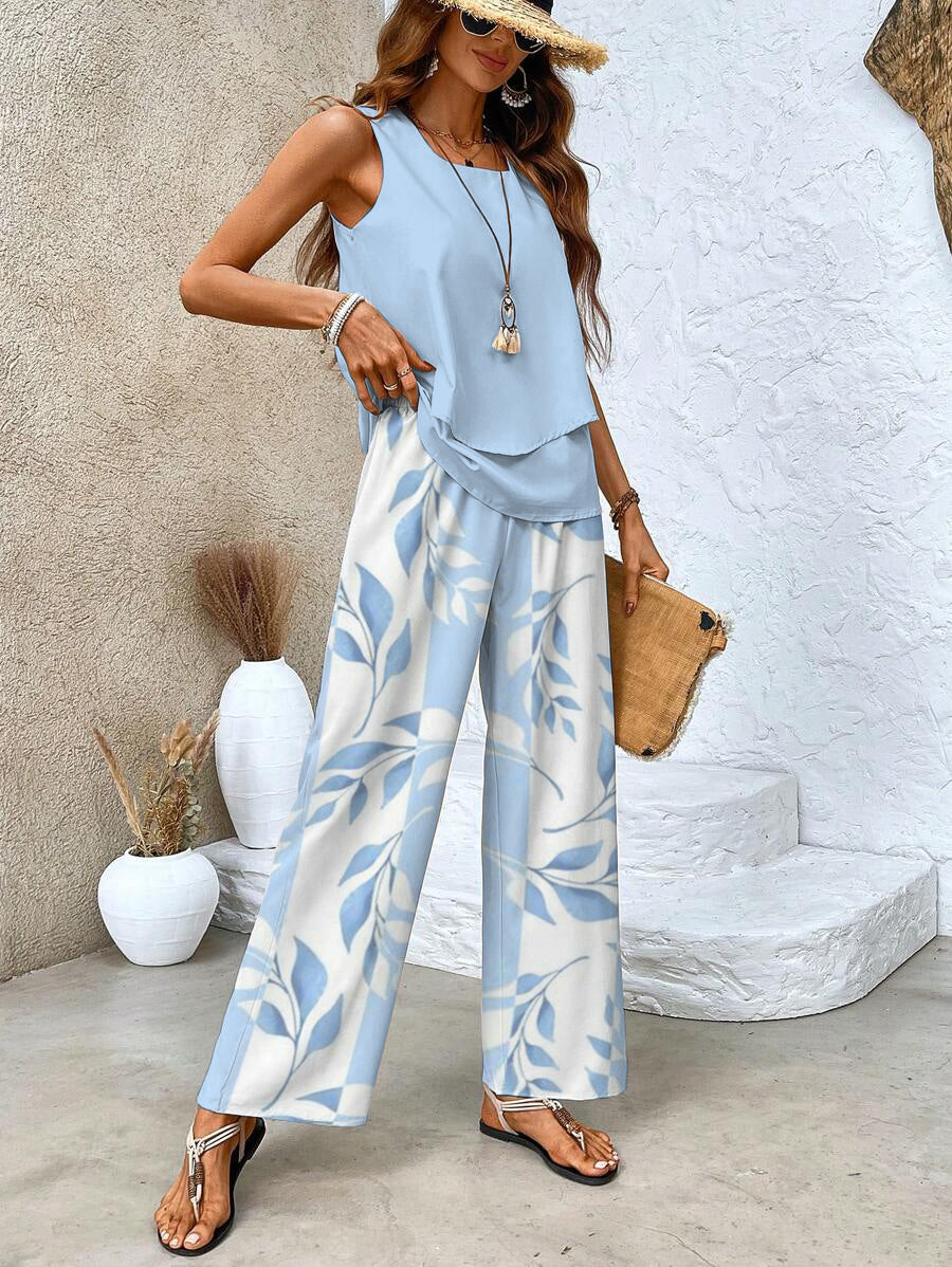 Dina | Wide Leg Leaf Print Pants Set for Women