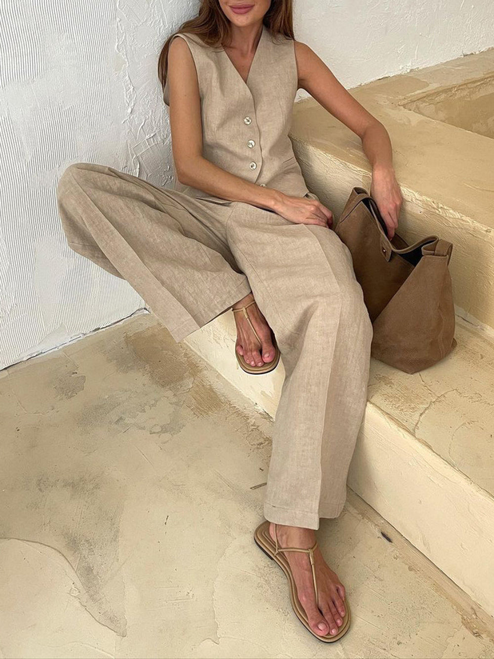 Lila V-neck Pleated Wide-leg Pants Suit
