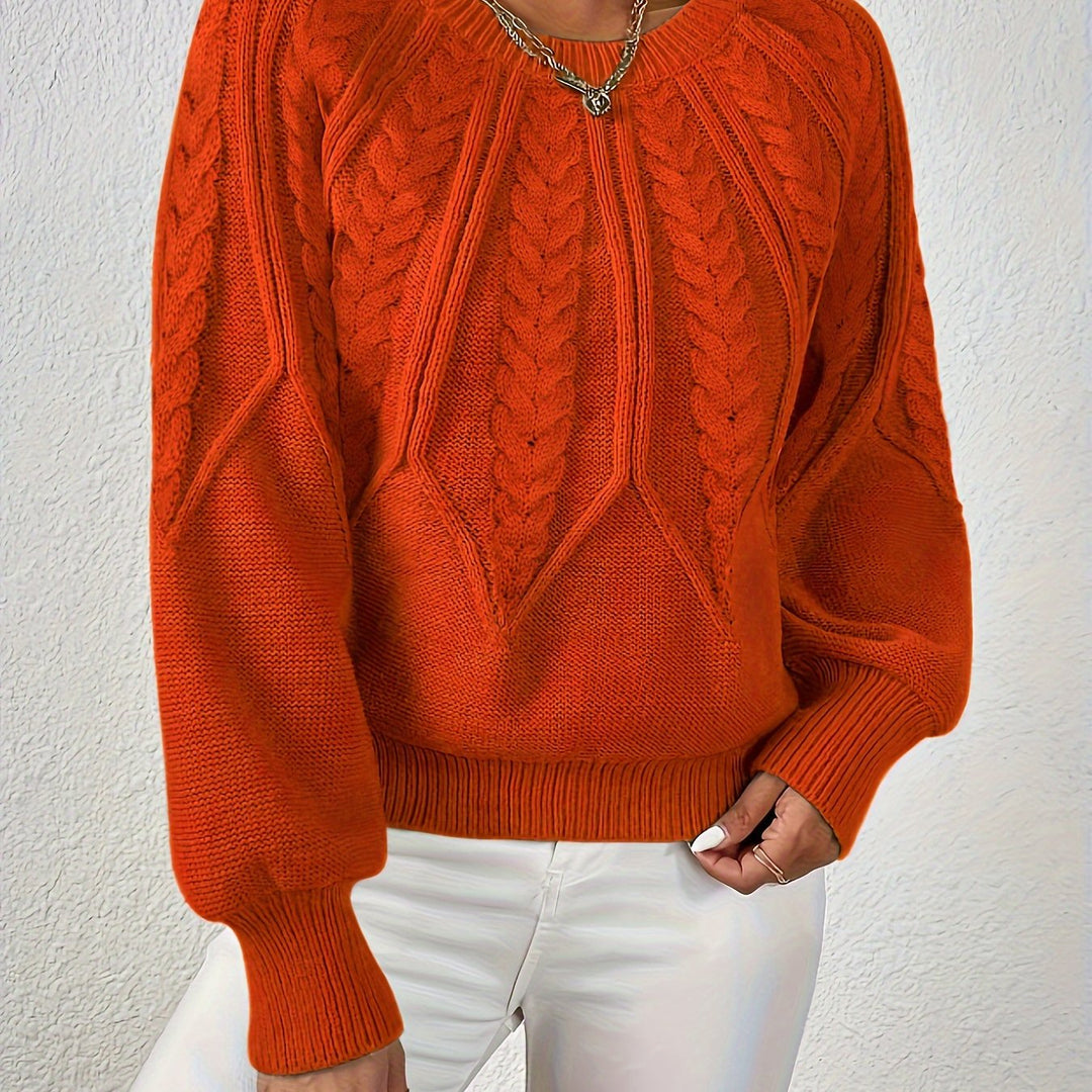 Women's Cable-Knit Sweater Round Neck Long Sleeve Ribbed Cuff Casual Pullover