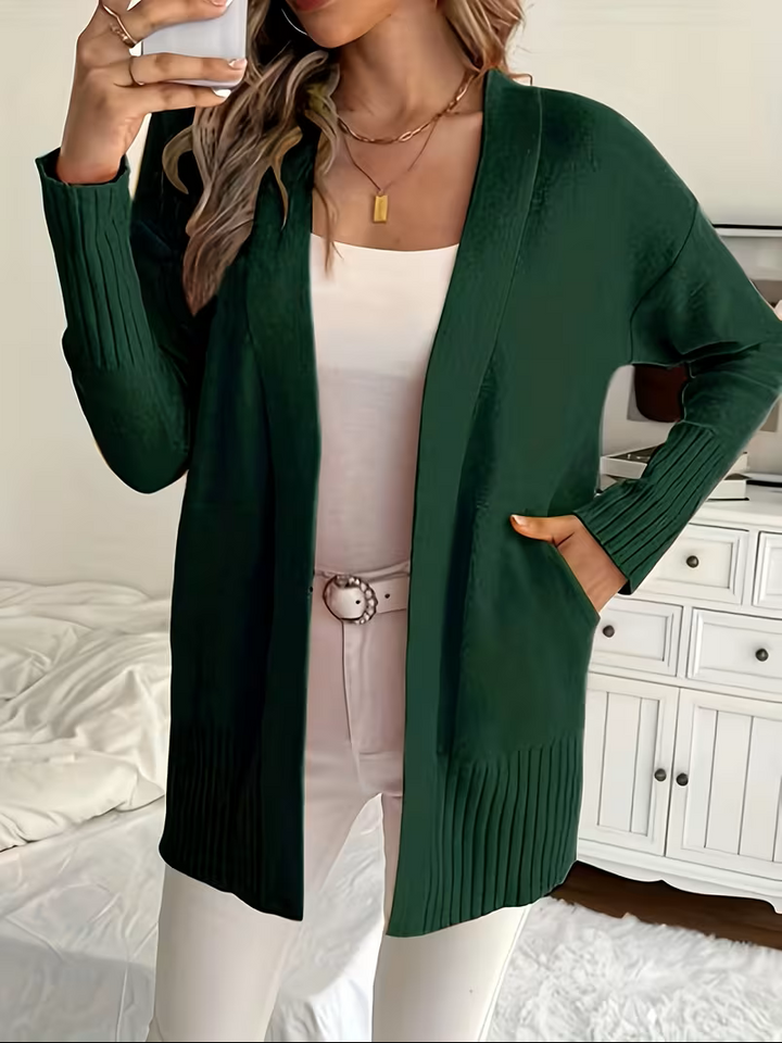Women's Open Front Cardigan Long Sleeve Ribbed Knit Pockets Casual