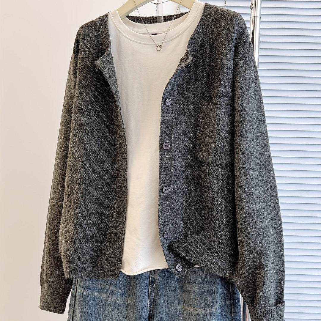Women's Open Front Cardigan Button-Up Round Neck Long Sleeve Chest Pocket Knit