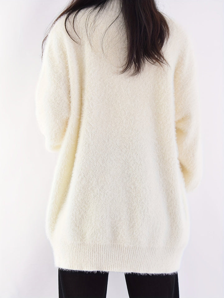 Women's Fuzzy Open Front Cardigan V-Neck Long Sleeve Pearl Button Knit Sweater