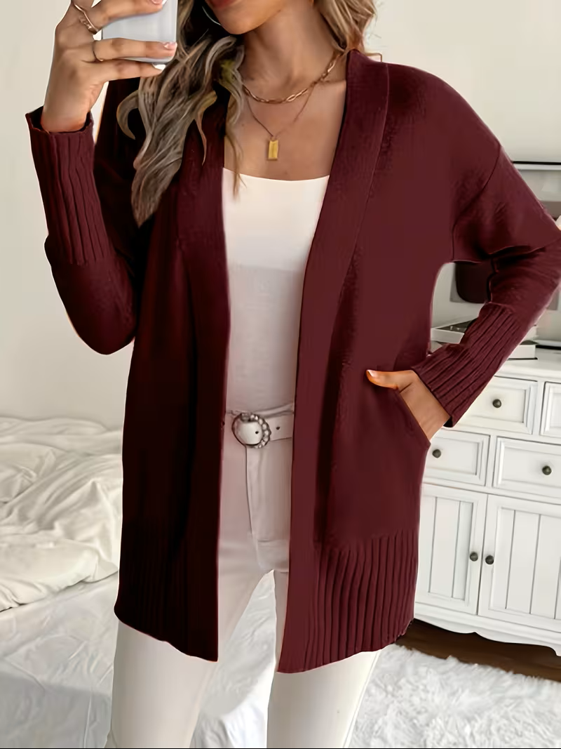 Women's Open Front Cardigan Long Sleeve Ribbed Knit Pockets Casual
