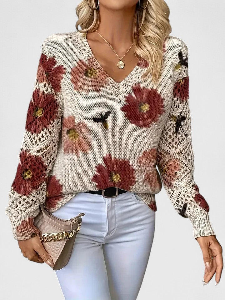 Women's V-Neck Floral Sweater – Long Sleeve Crochet Knit Pullover
