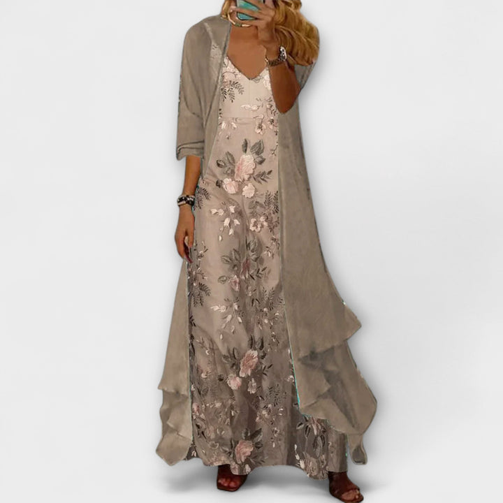 Elif | V-Neck Floral Maxi Dress Two-Piece Set for Women