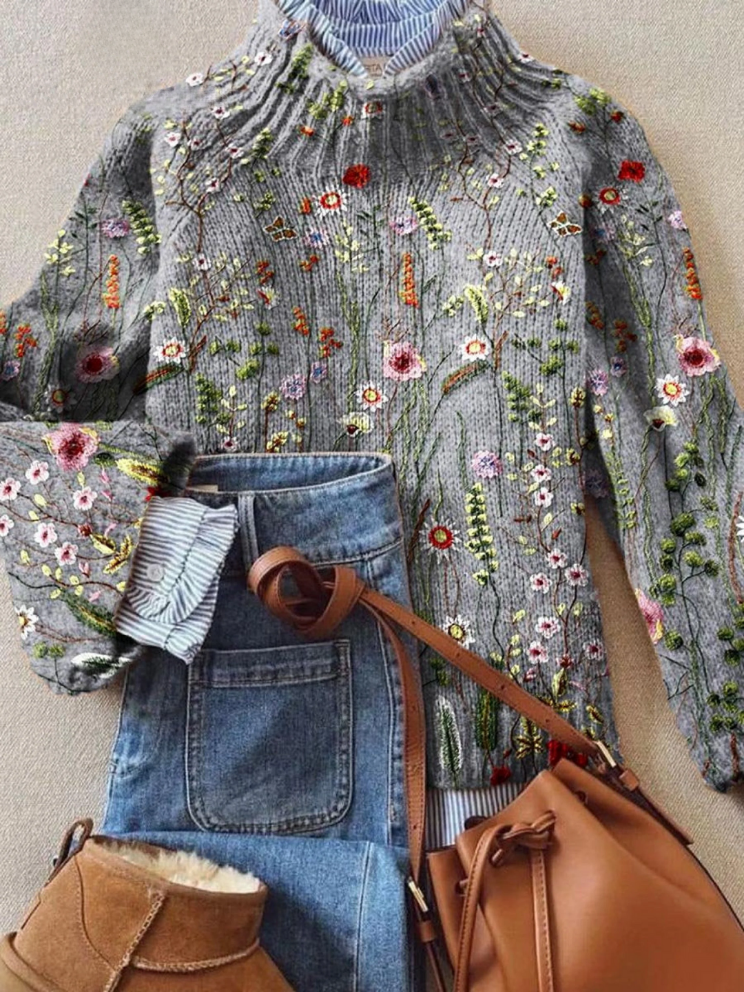 Abigail | Crew Neck Floral Ribbed Knit Sweater for Women