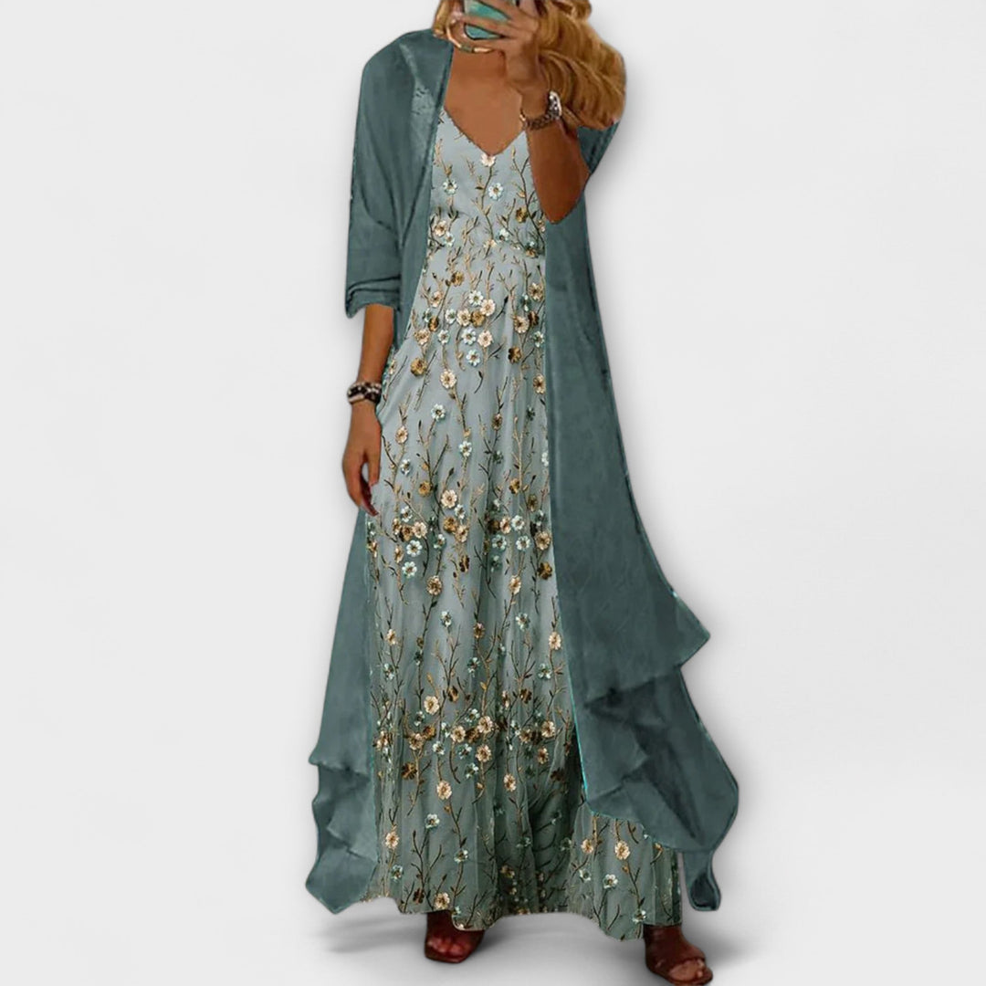 Elif | V-Neck Floral Maxi Dress Two-Piece Set for Women