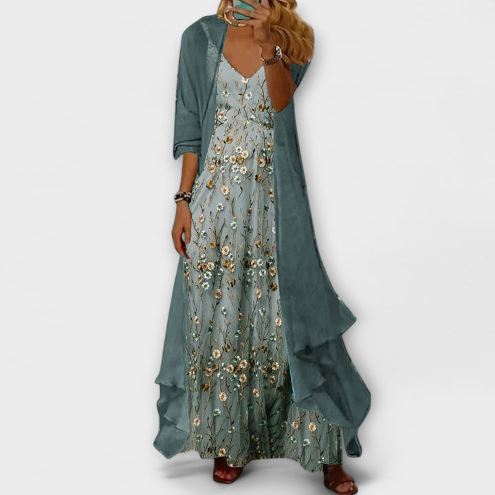 Elif | V-Neck Floral Maxi Dress Two-Piece Set for Women