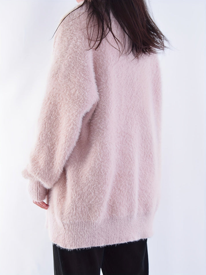Women's Fuzzy Open Front Cardigan V-Neck Long Sleeve Pearl Button Knit Sweater