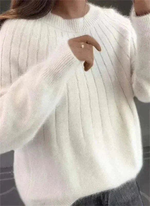Women's Fluffy Crew Neck Knit Sweater – Relaxed Long Sleeve Pullover