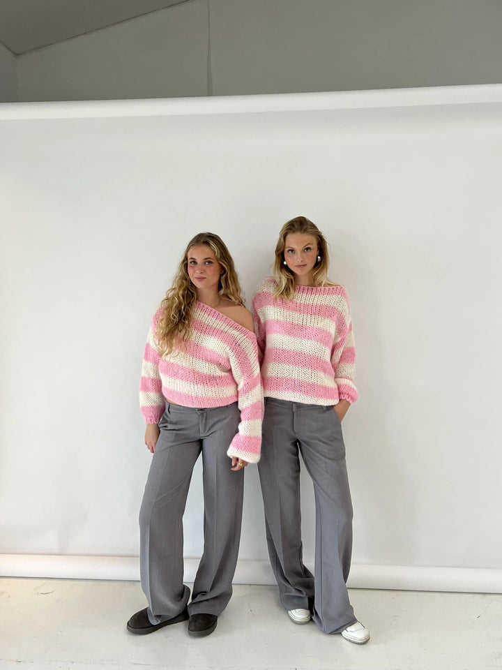 Women's Striped Knit Sweater – Wide Sleeve Oversized Pullover