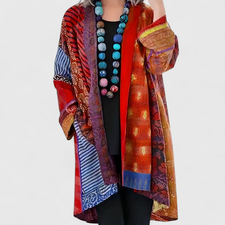 Women's Open Front Cardigan Long Sleeve Patchwork Print Draped Casual