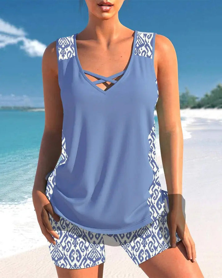 Estella | V-Neck Tankini Set with Geometric Shorts for Women