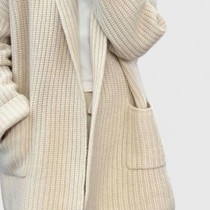 Women's Chunky Knit Cardigan Open Front Shawl Collar Pockets Long Sleeve