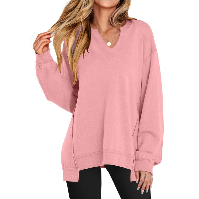 Women's Oversized V-Neck Tunic Sweatshirt Long Sleeve Side Slit Casual Pullover
