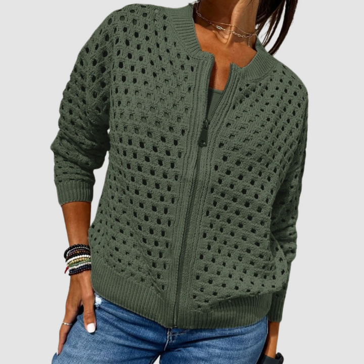Women's Zip-Up Knit Cardigan Open Hole Long Sleeve Bomber Sweater