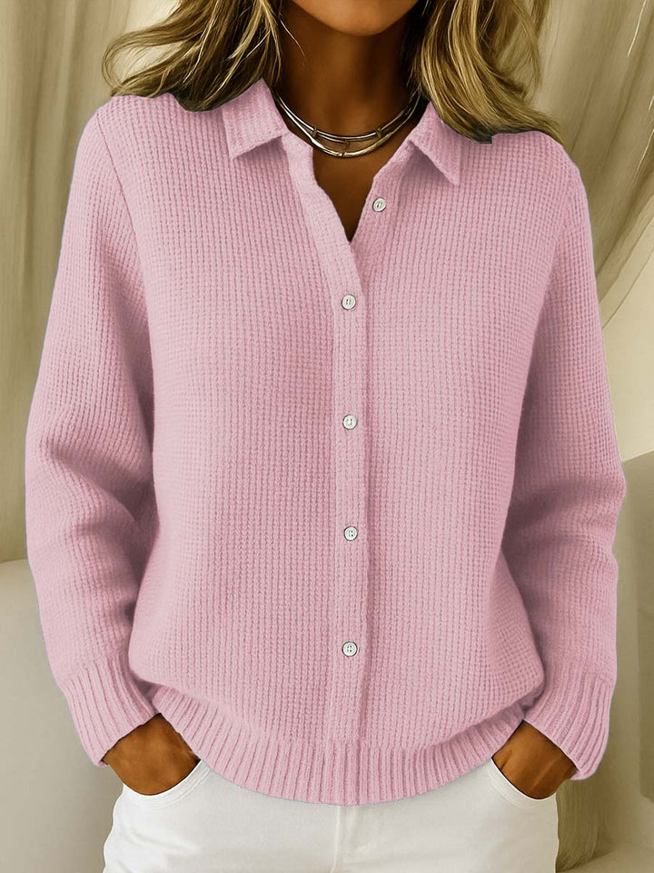Elise | Women's Waffle Knit Button-Up Collar Cardigan, Long Sleeve Shirt Style
