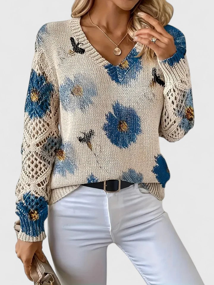 Women's V-Neck Floral Sweater – Long Sleeve Crochet Knit Pullover