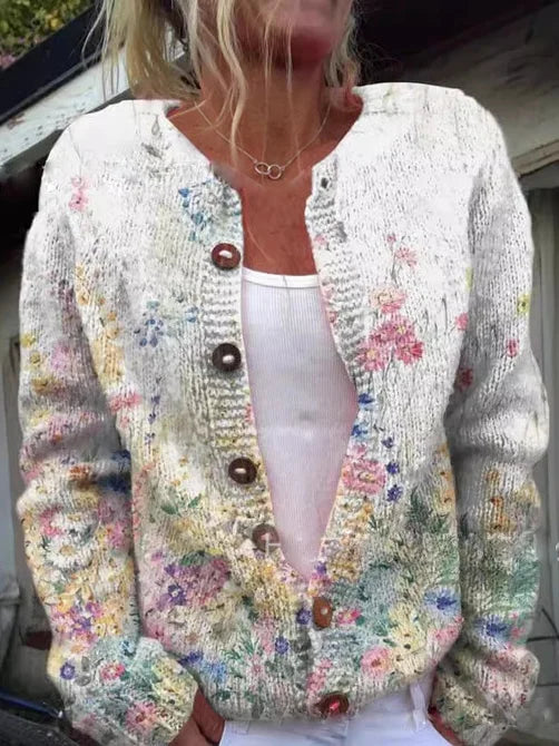 Women's Embroidered Floral Cardigan – Button Front Long Sleeve Knit Cardigan