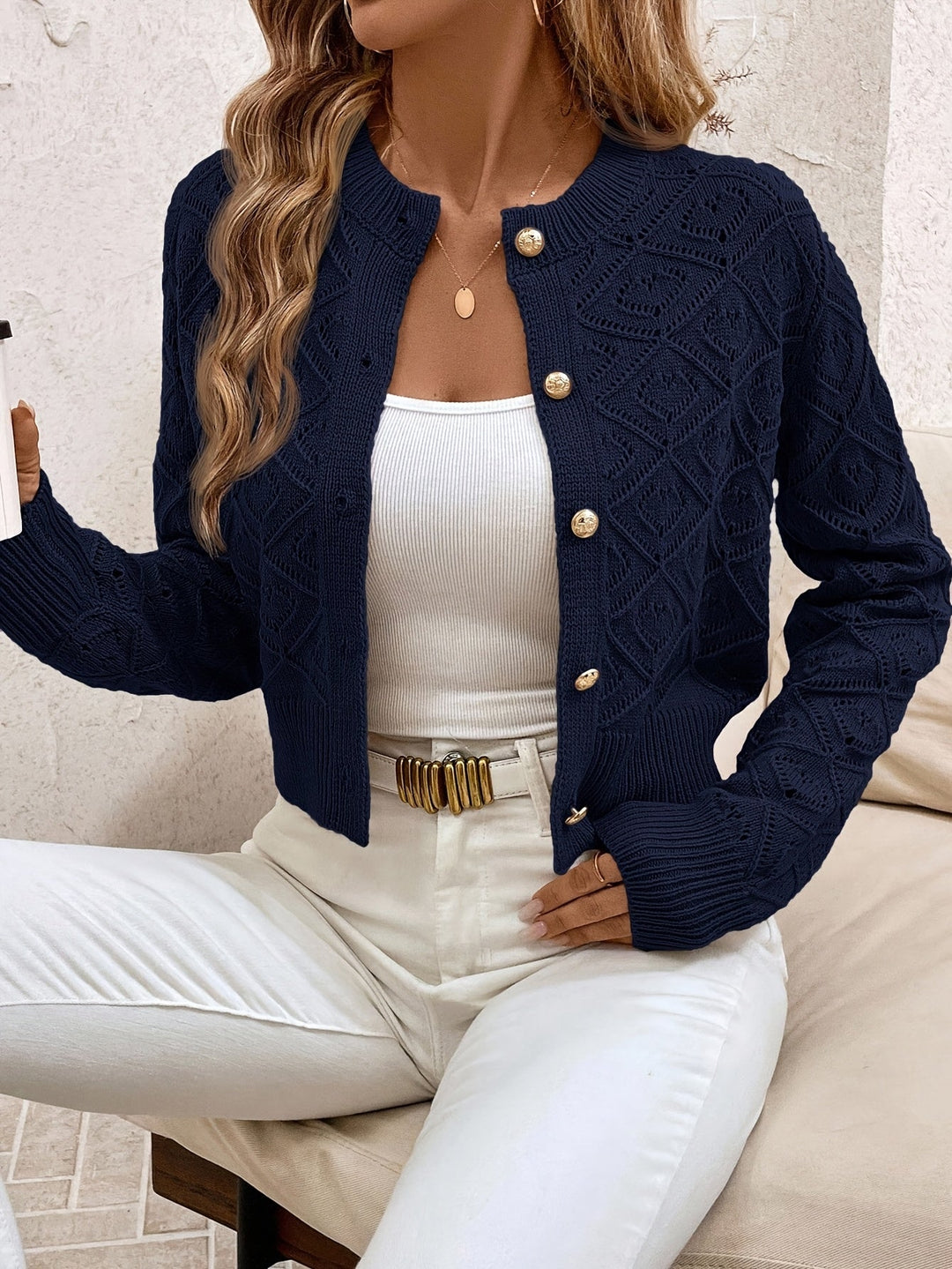 Women's Cropped Cardigan Long Sleeve Button-Front Textured Pointelle Knit Casual