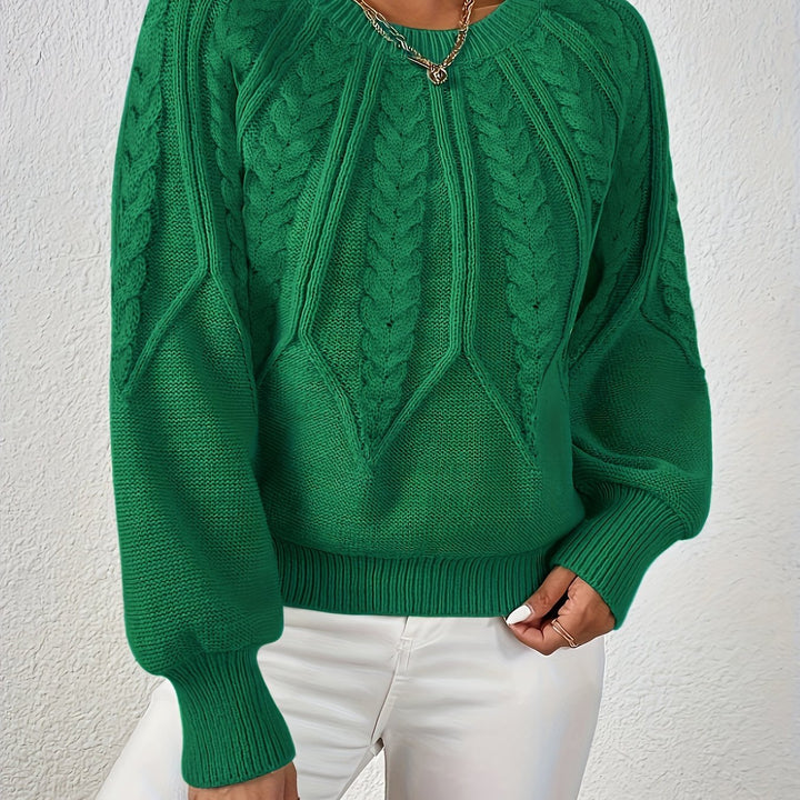 Women's Cable-Knit Sweater Round Neck Long Sleeve Ribbed Cuff Casual Pullover