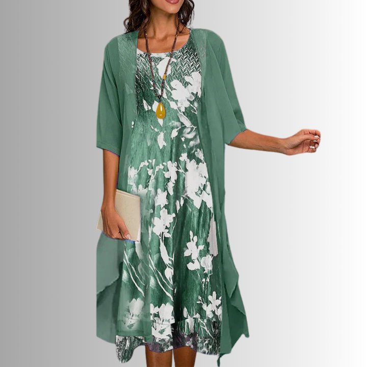 Anja | Floral Midi Dress Set with Cardigan for Women