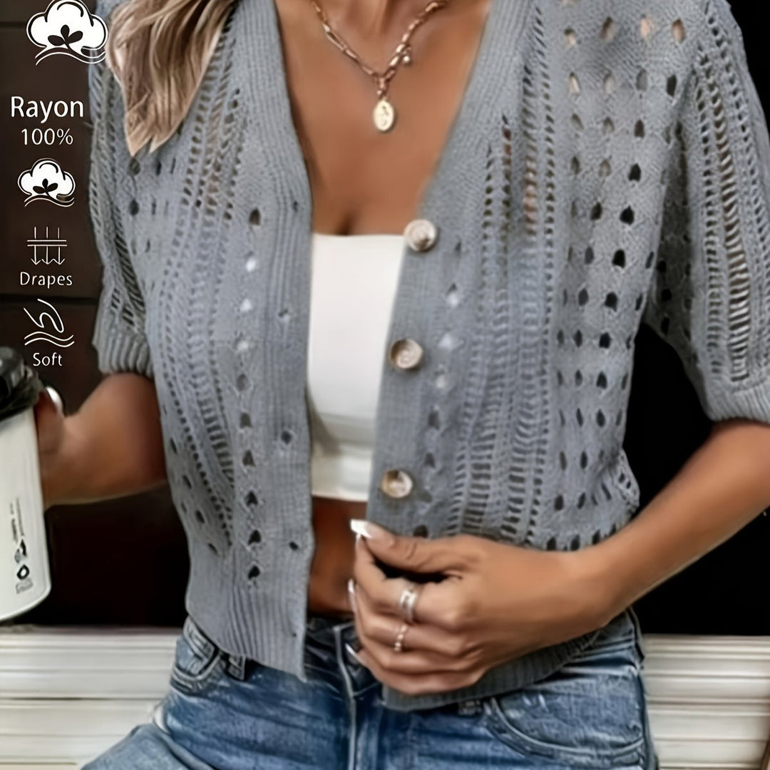 Women's Open-Knit Cardigan V-Neck Short Sleeve Button-Front Crop Casual Top