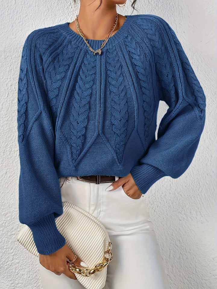 Women's Cable-Knit Sweater Round Neck Long Sleeve Ribbed Cuff Casual Pullover