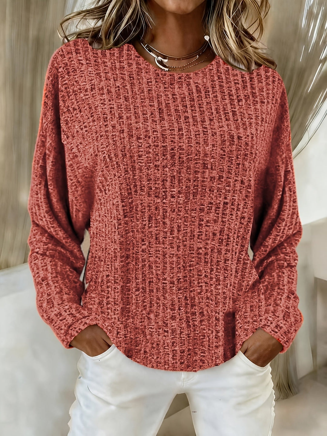 Marisol | Women's Waffle Knit Curved Hem Tunic Sweater
