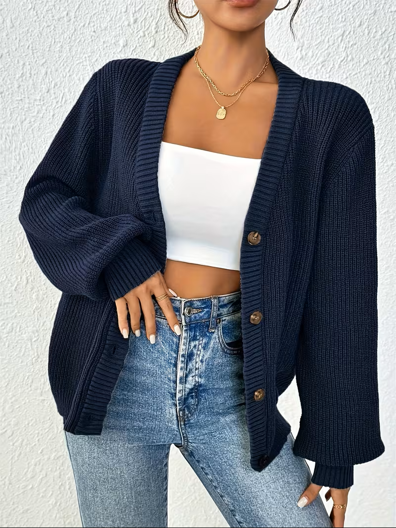 Women's Button-Front Cardigan V-Neck Long Sleeve Ribbed Knit Oversized Casual