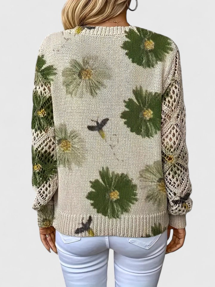 Women's V-Neck Floral Sweater – Long Sleeve Crochet Knit Pullover