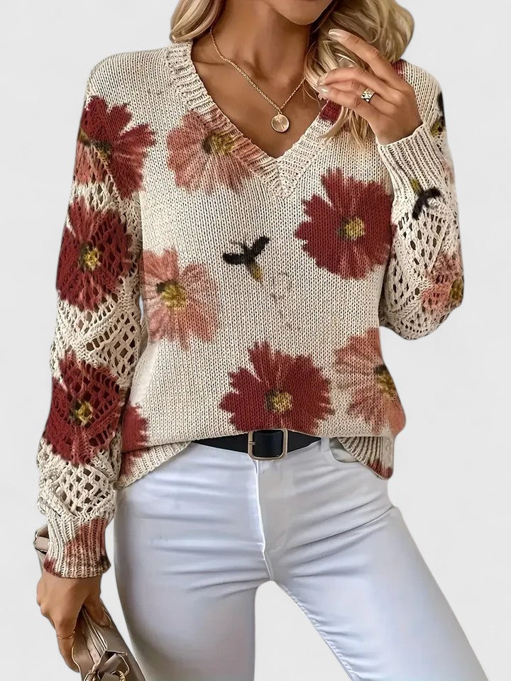 Women's V-Neck Floral Cardigan – Button Front Patterned Knit Cardigan