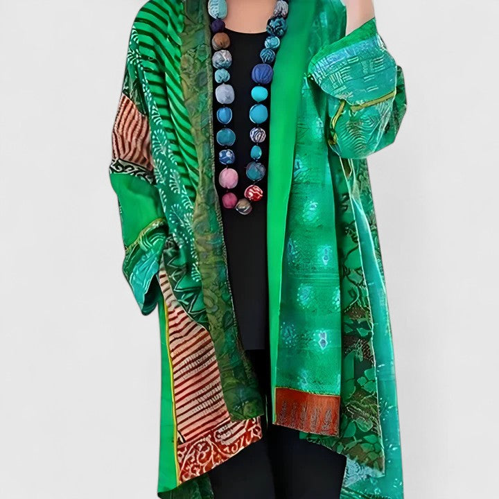 Women's Open Front Cardigan Long Sleeve Patchwork Print Draped Casual