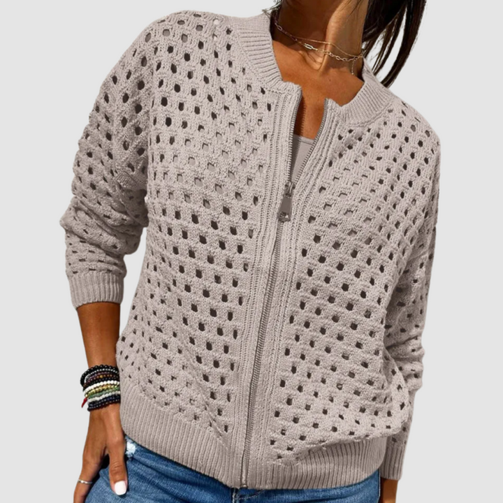 Women's Zip-Up Knit Cardigan Open Hole Long Sleeve Bomber Sweater