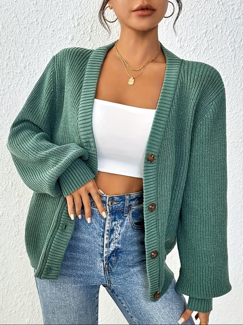 Women's Button-Front Cardigan V-Neck Long Sleeve Ribbed Knit Oversized Casual