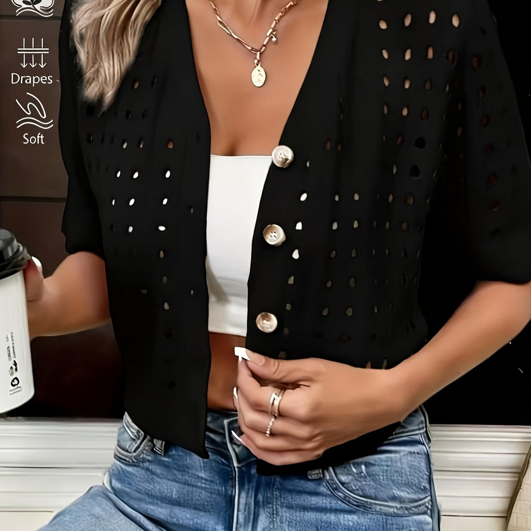 Women's Open-Knit Cardigan V-Neck Short Sleeve Button-Front Crop Casual Top
