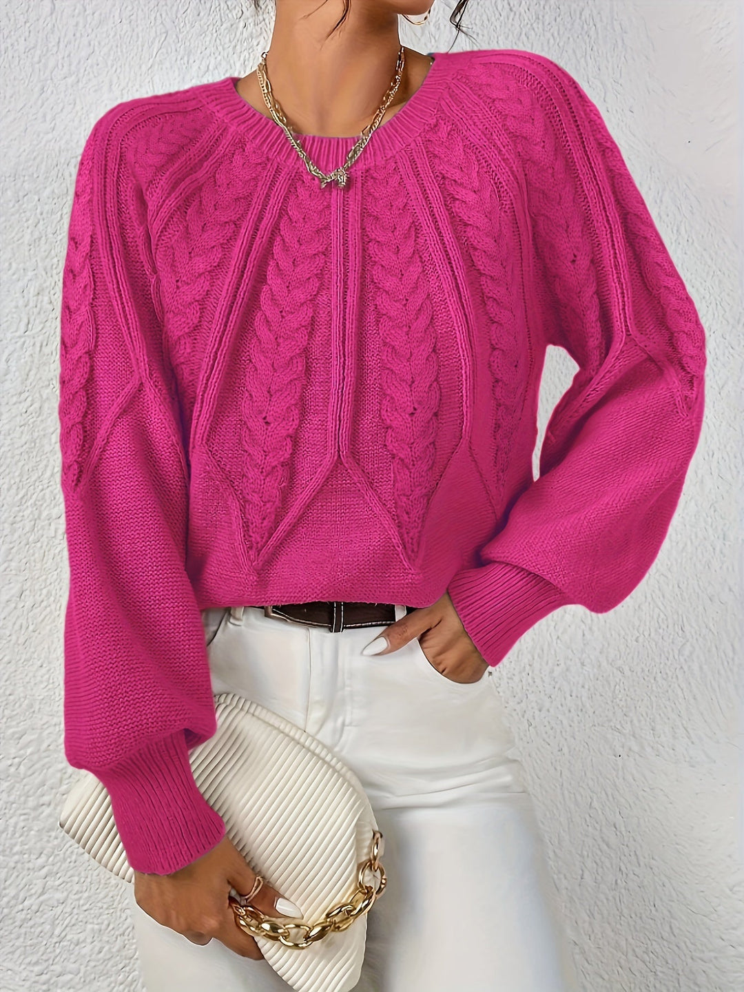 Women's Cable-Knit Sweater Round Neck Long Sleeve Ribbed Cuff Casual Pullover