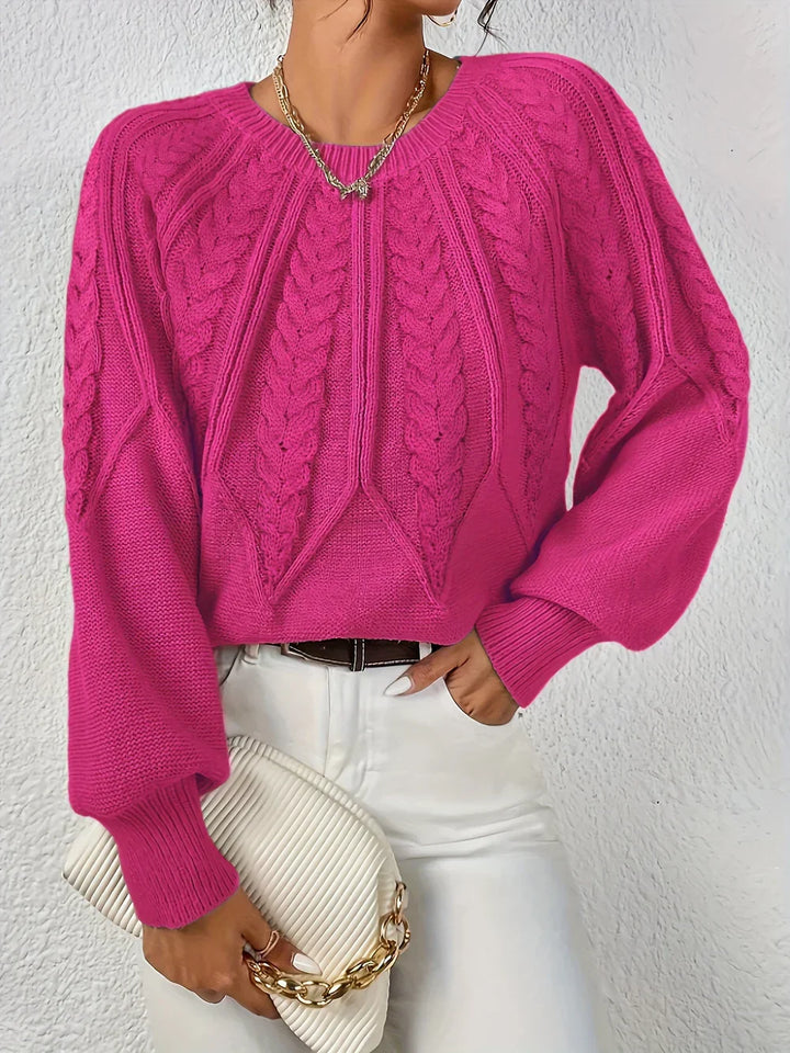 Women's Cable Knit Sweater Round Neck Long Sleeve Casual Pullover