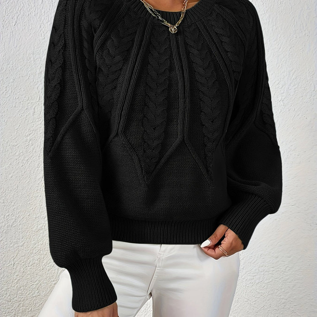 Women's Cable-Knit Sweater Round Neck Long Sleeve Ribbed Cuff Casual Pullover