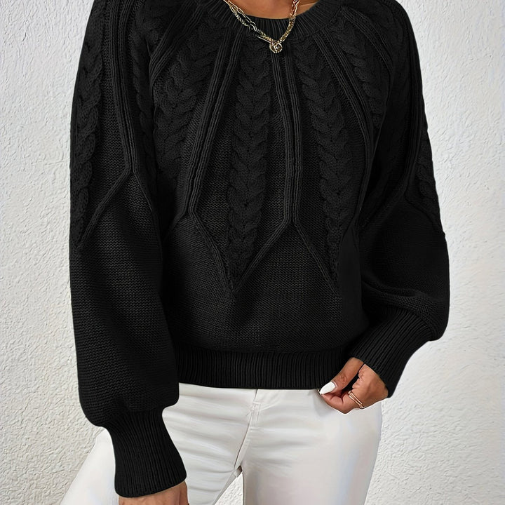 Women's Cable-Knit Sweater Round Neck Long Sleeve Ribbed Cuff Casual Pullover