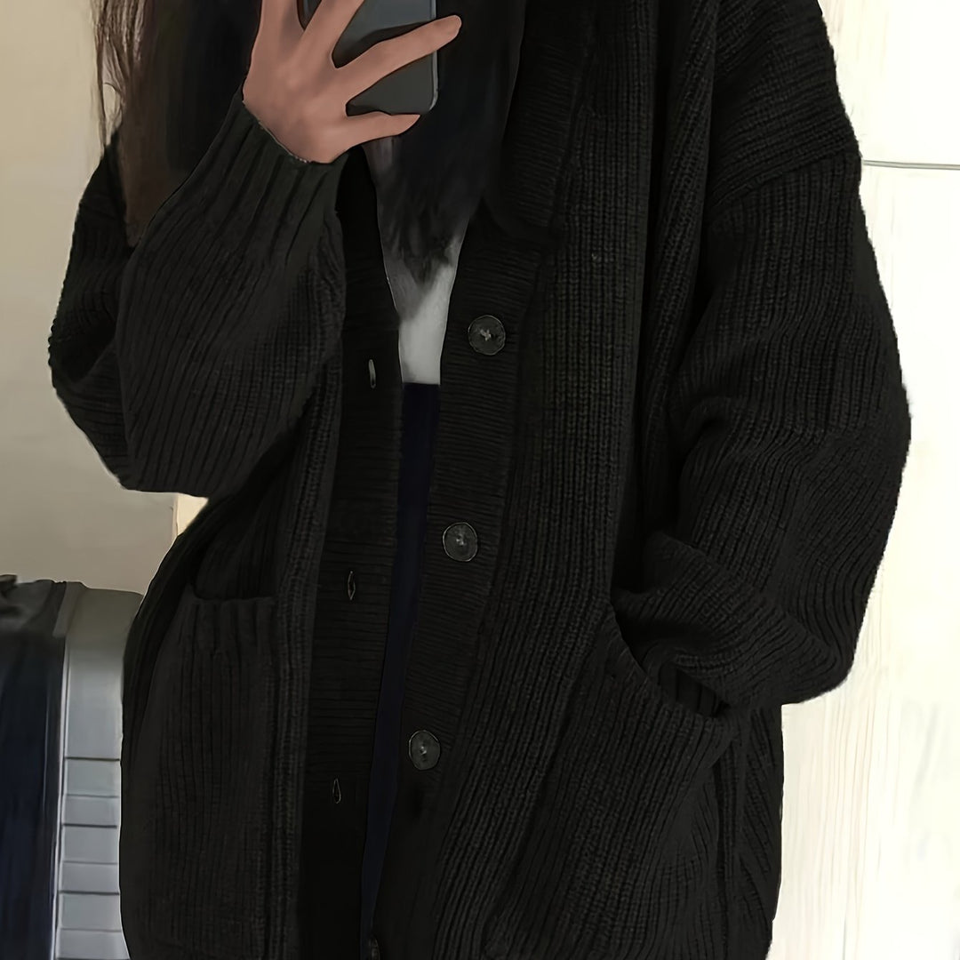 Women's Oversized Button-Front Cardigan V-Neck Long Sleeve Knit Pocket Sweater