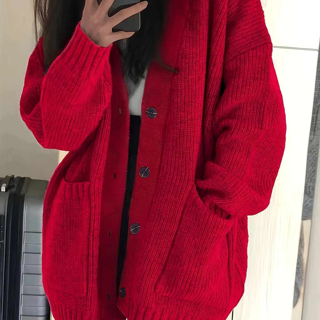 Women's Oversized Button-Front Cardigan V-Neck Long Sleeve Knit Pocket Sweater